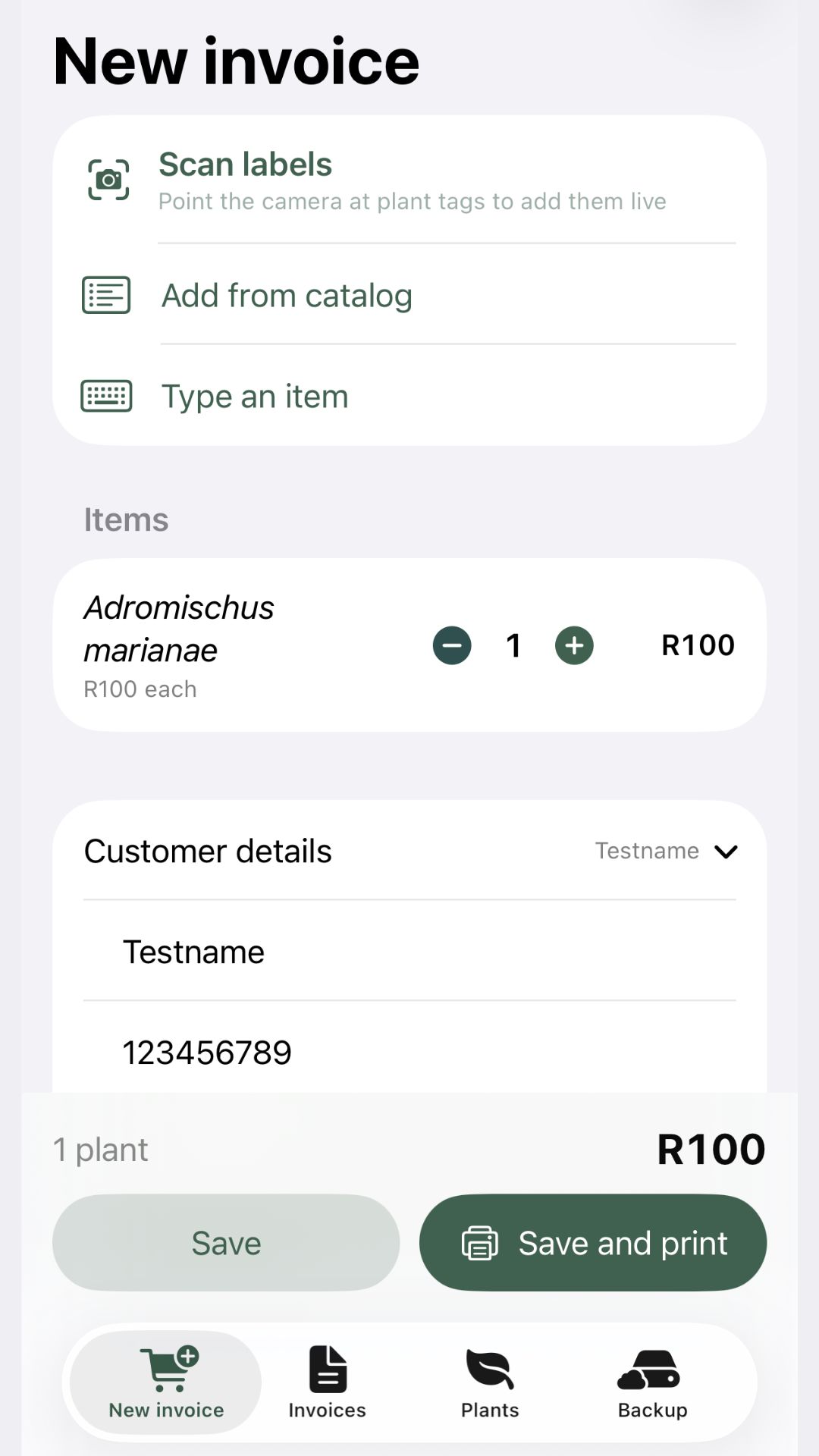 FloraPermit Pro New Invoice screen with scanned plant labels